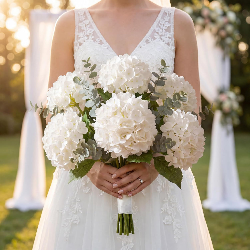 Pinkpum 6 Pcs White Hydrangea Artificial Flowers with Eucalyptus for Vase