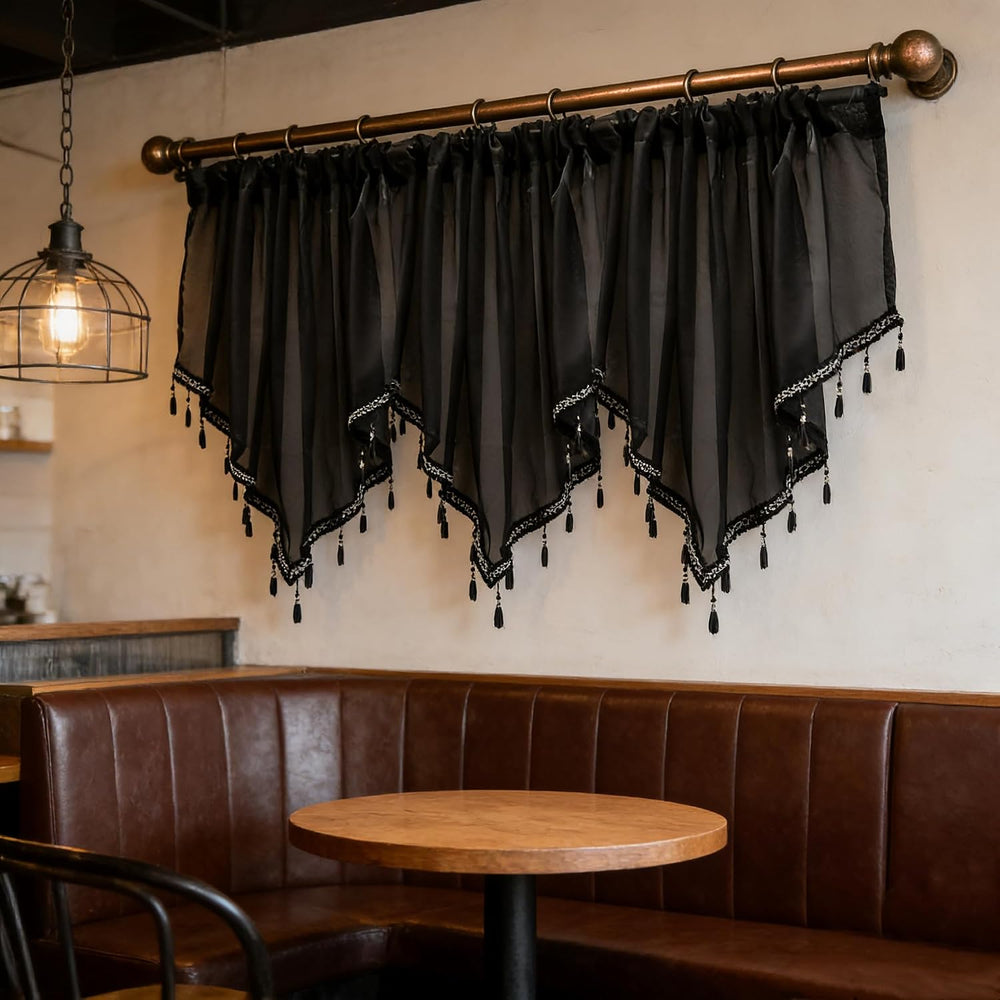 3 Pieces Black Beaded Sheer Valance with Rod Pocket Scalloped Window Curtains...
