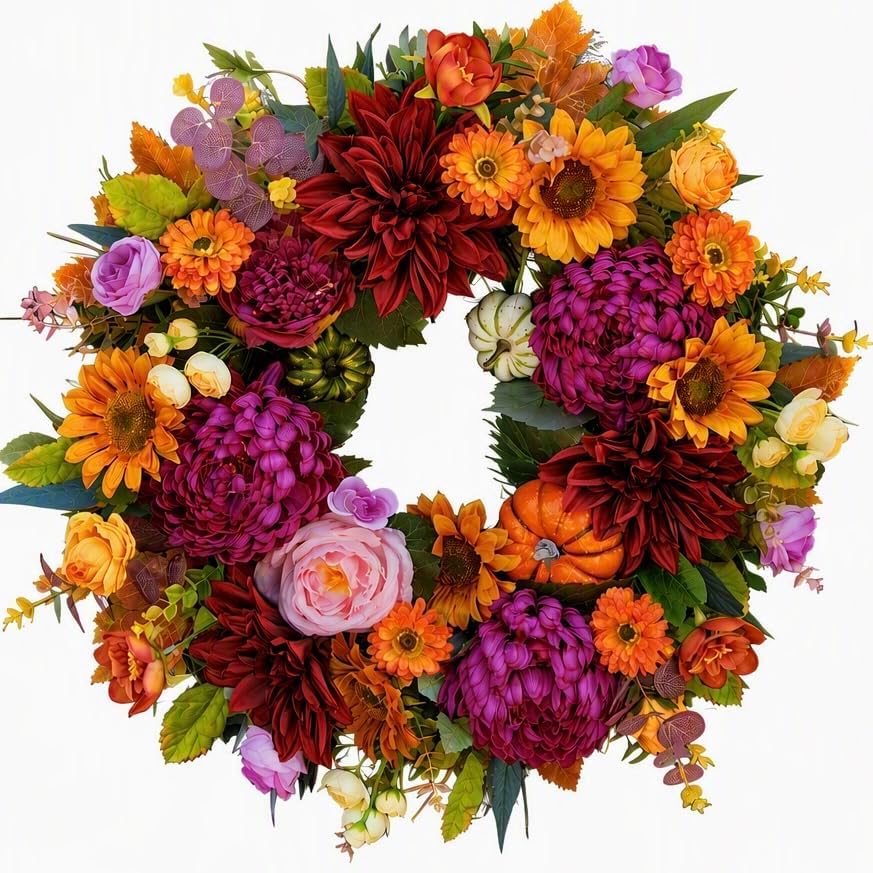 24 Inch Fall Wreath for Front Door, Artificial Harvest Fall Wreath