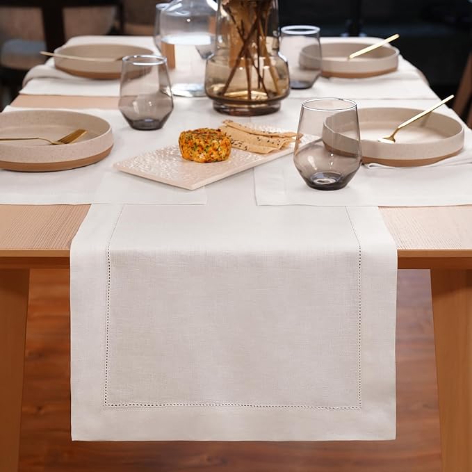 White Hemstitch Table Runner 36 inches – 100% Pure Linen Small Table Runner 14 x 36 Inch Ideal for Dresser and Coffee Tables – Elara, Spring, Summer, Wedding Decorations, Gift