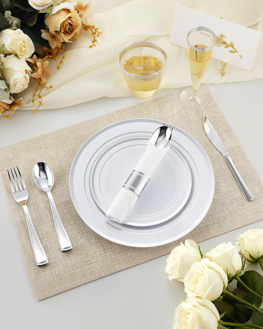 320 PCS Disposable Silver White Plastic Dinner Plate for 40 Guests