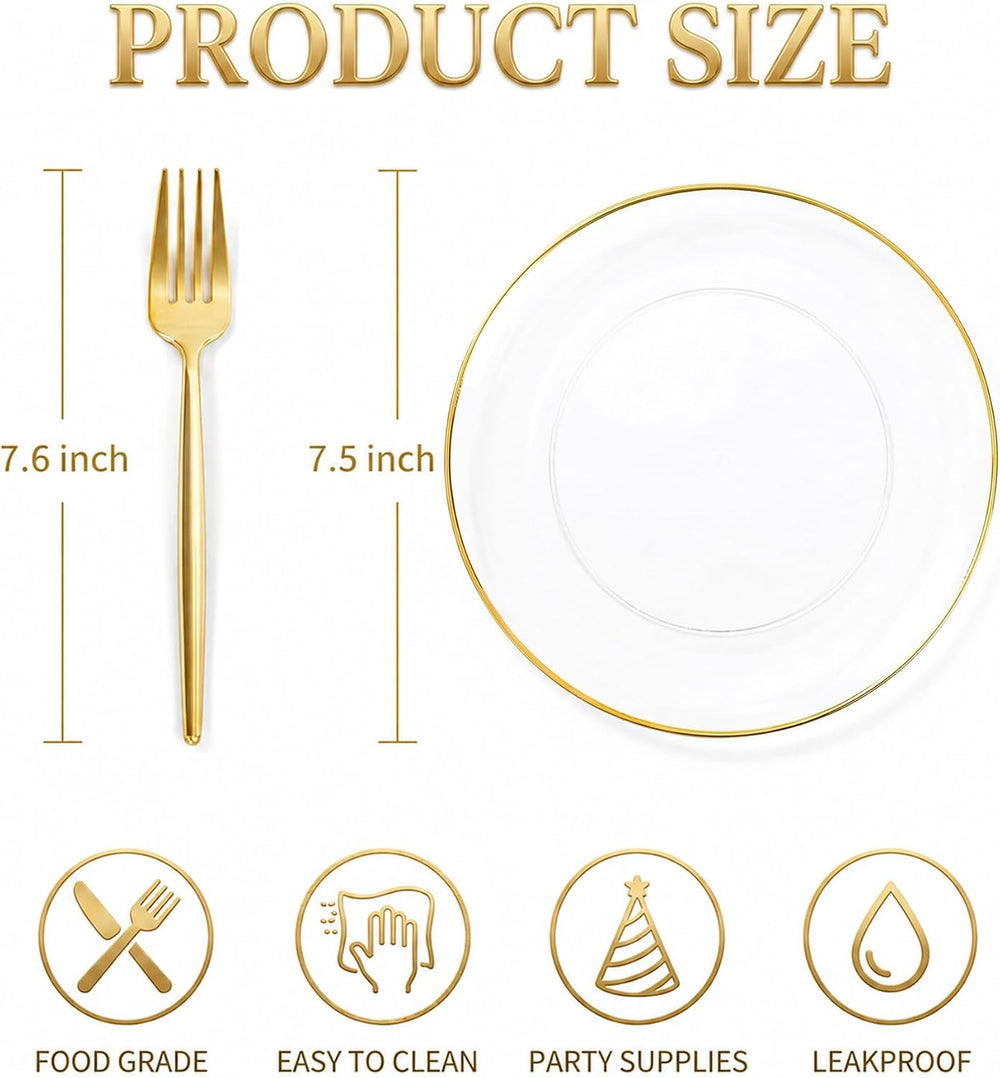 200Pcs Clear Gold Dessert Plates With Plastic Gold Forks, 100pcs 7.5inch Plat...