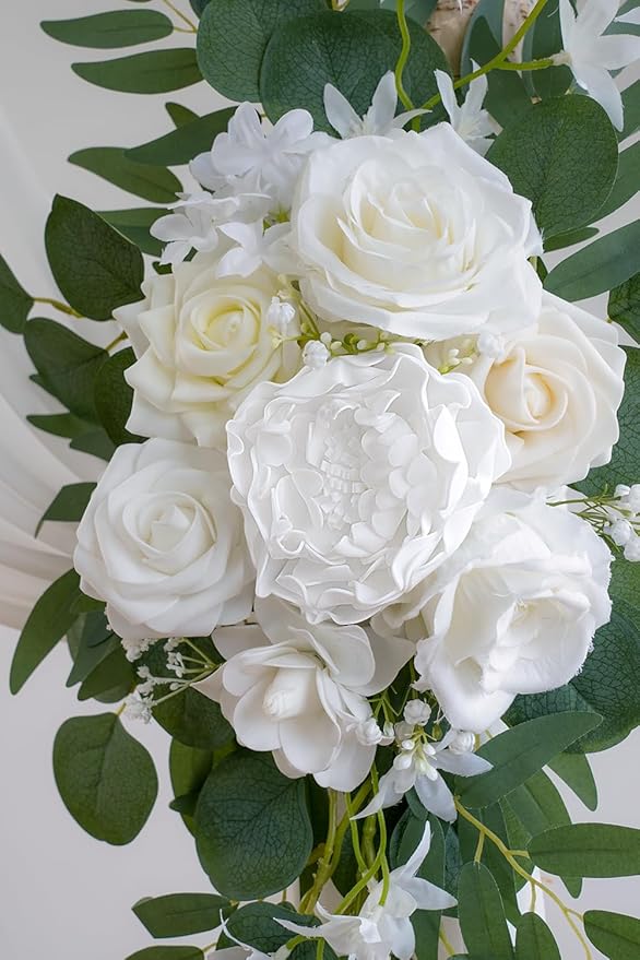 White Artificial Wedding Arch Flowers Kit (Pack of 3) with 26Ft White Shiny Arch Draping Fabric for DIY Wedding Party Ceremony Reception Backdrop Floral Decoration