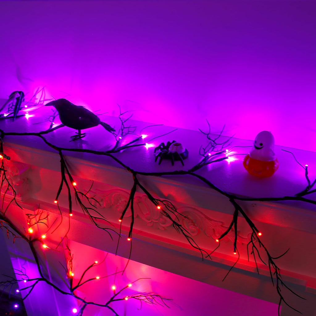 9 FT 72 LED Willow Vine Twig Decor Black Halloween Garland with Orange Purple Lights, Timer 8 Modes Waterproof Battery Operated Indoor Halloween Decorations for Wall Fireplace Mantle Home Office Decor