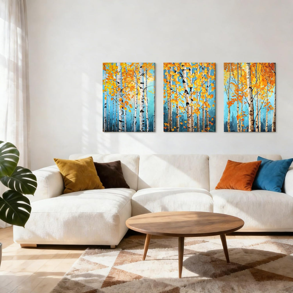 eeynaqq birch tree wall art, 3-piece teal blue shown in use
