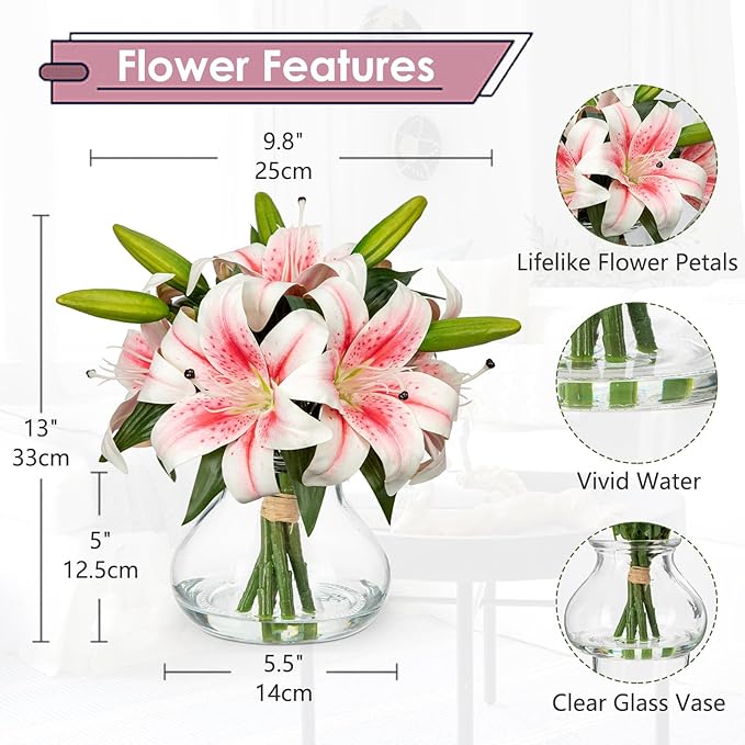Artificial Flowers Tiger Lily Real Touch with Vase Easter Lily Pink Lilies Silk Faux Flowers Arrangements in Glass Vase with Faux Water Easter Decor Fake Floral Bulk Bouquet for Office Home Decor