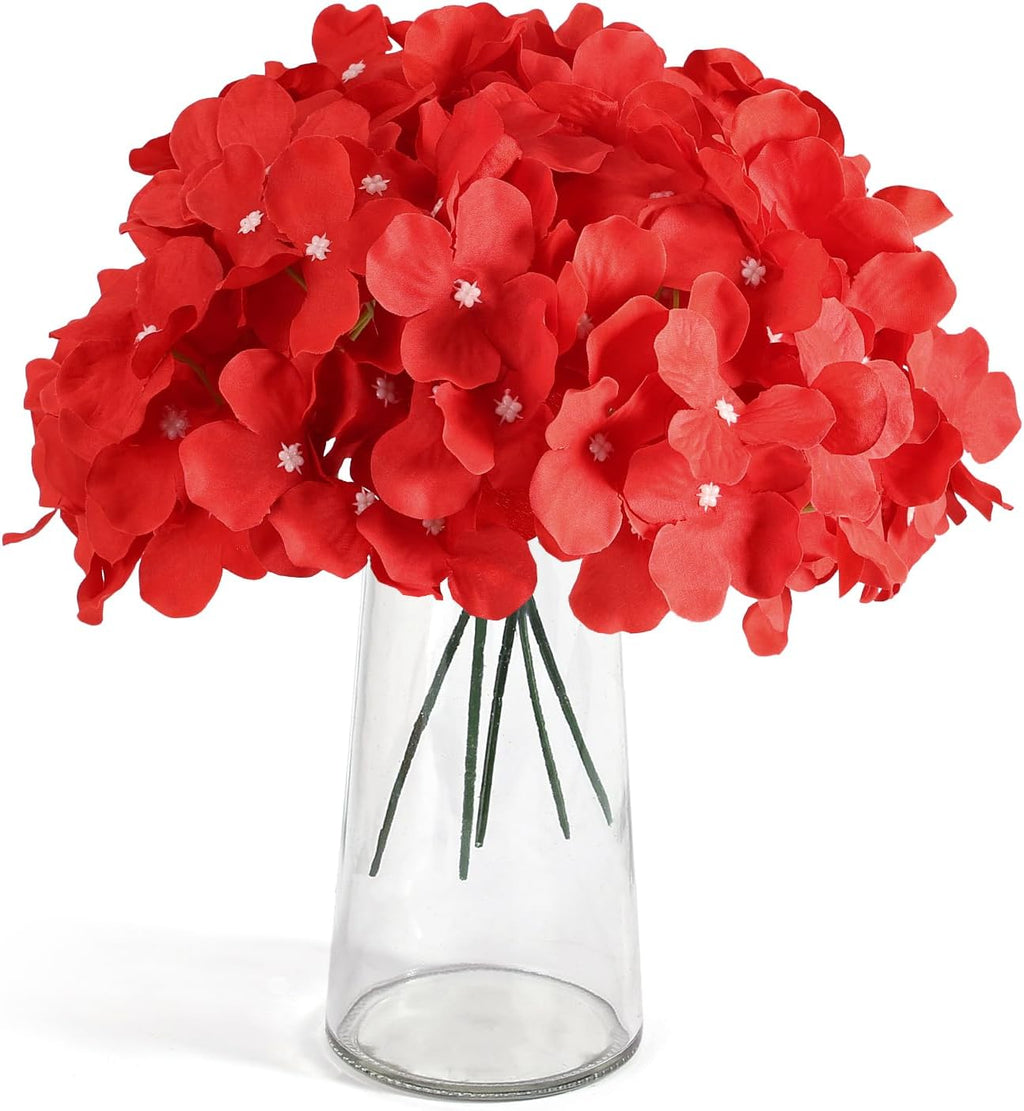 Auihiay 64Pcs Red Hydrangea Artificial Flowers, Fake Hydrangea Flowers