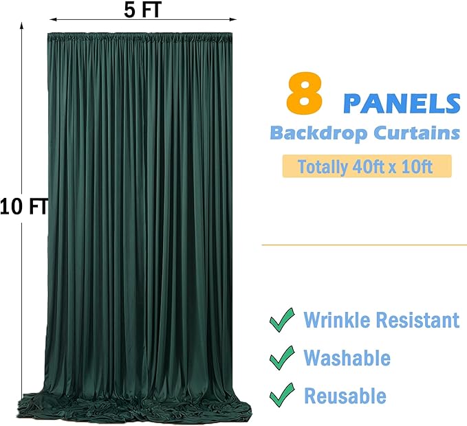 40ftx10ft Wrinkle FreeHunter Green Backdrop Curtains for Party Background, 8 Panels Silky Fabric Green Photo Backdrop Drapes Back Drop Cloth for Wedding Birthday Photography Baby Shower Decor