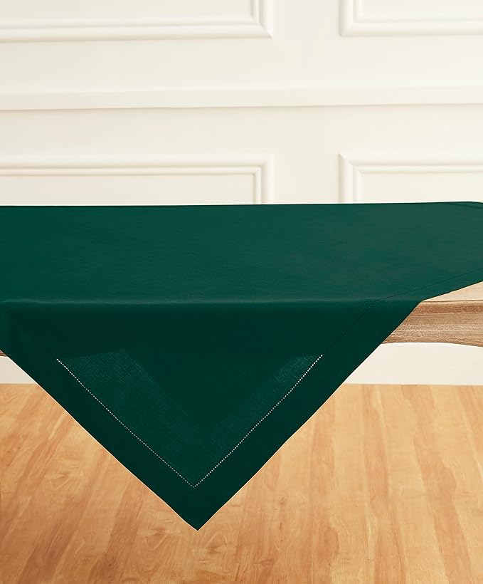 Solino Home Rainforest Green Linen Tablecloth 52 x 52 Inch - 100% Pure Linen Square Table Throw - Classic Hemstitch, Machine Washable Table Cloth for Fall, Autumn, Thanksgiving, Christmas, Holiday