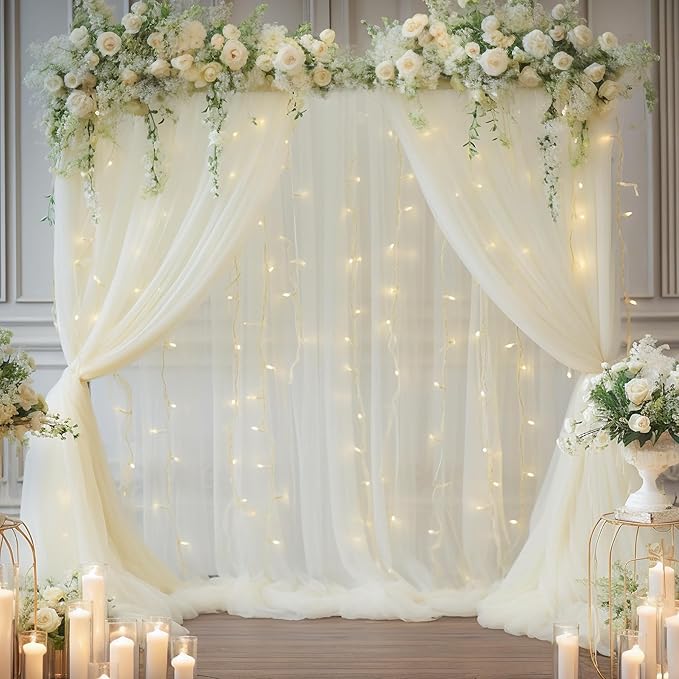 30×10ft Cream White Tulle Backdrop Curtain with Lights String for Parites, Sheer Photo Backdrop Curtains for Wedding Party Photography Background