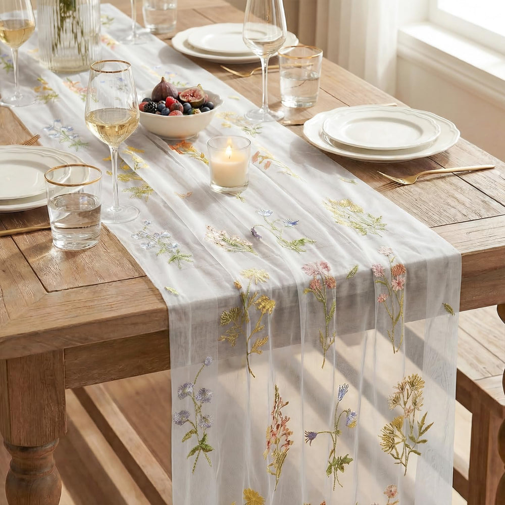 Artoid Mode 6PC Floral Milky White Embroidery Table Runner 120 Inch 10FT