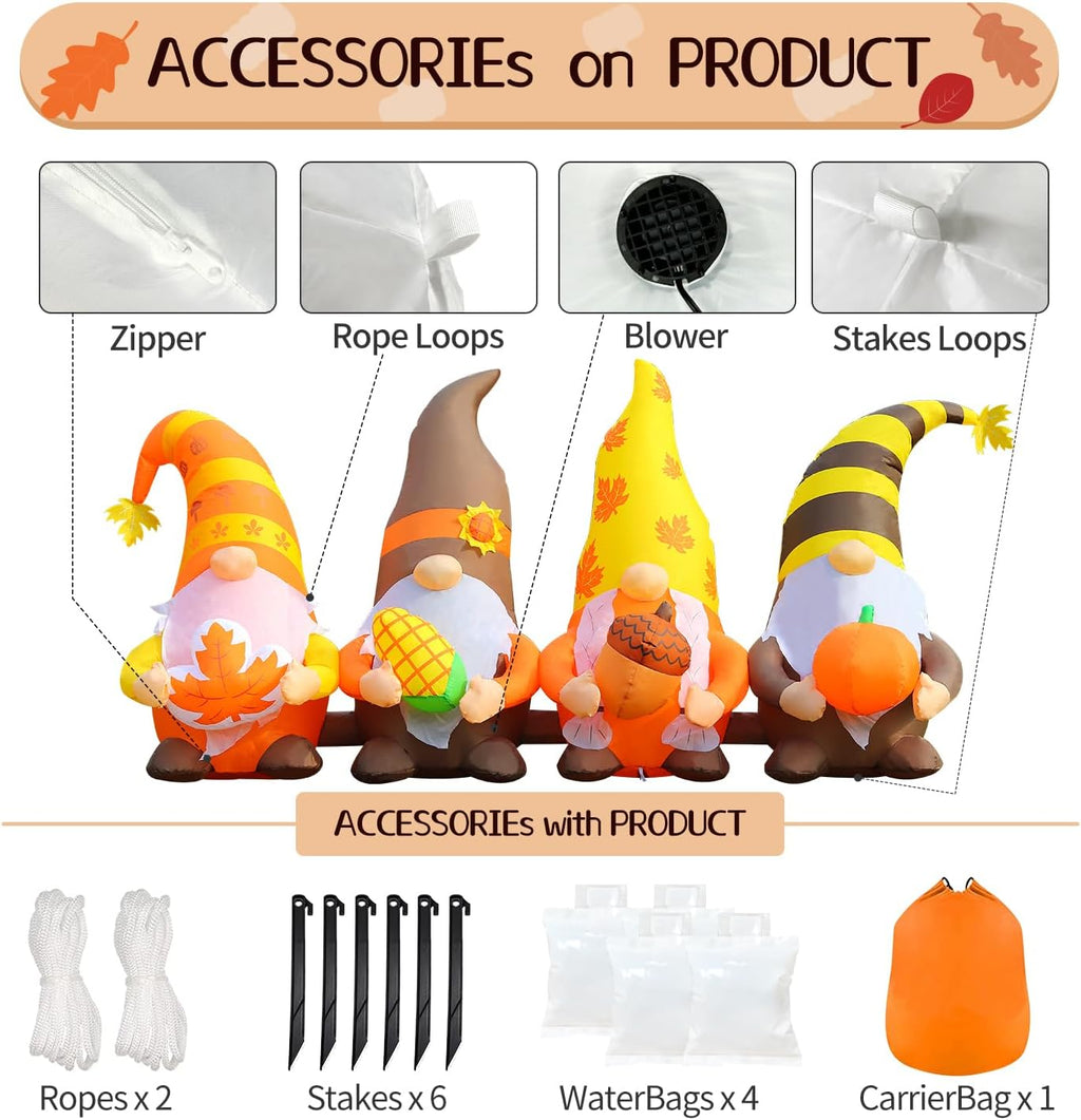 domkom 8ft thanksgiving inflatables outdoor decorations, four gnomes, package contents