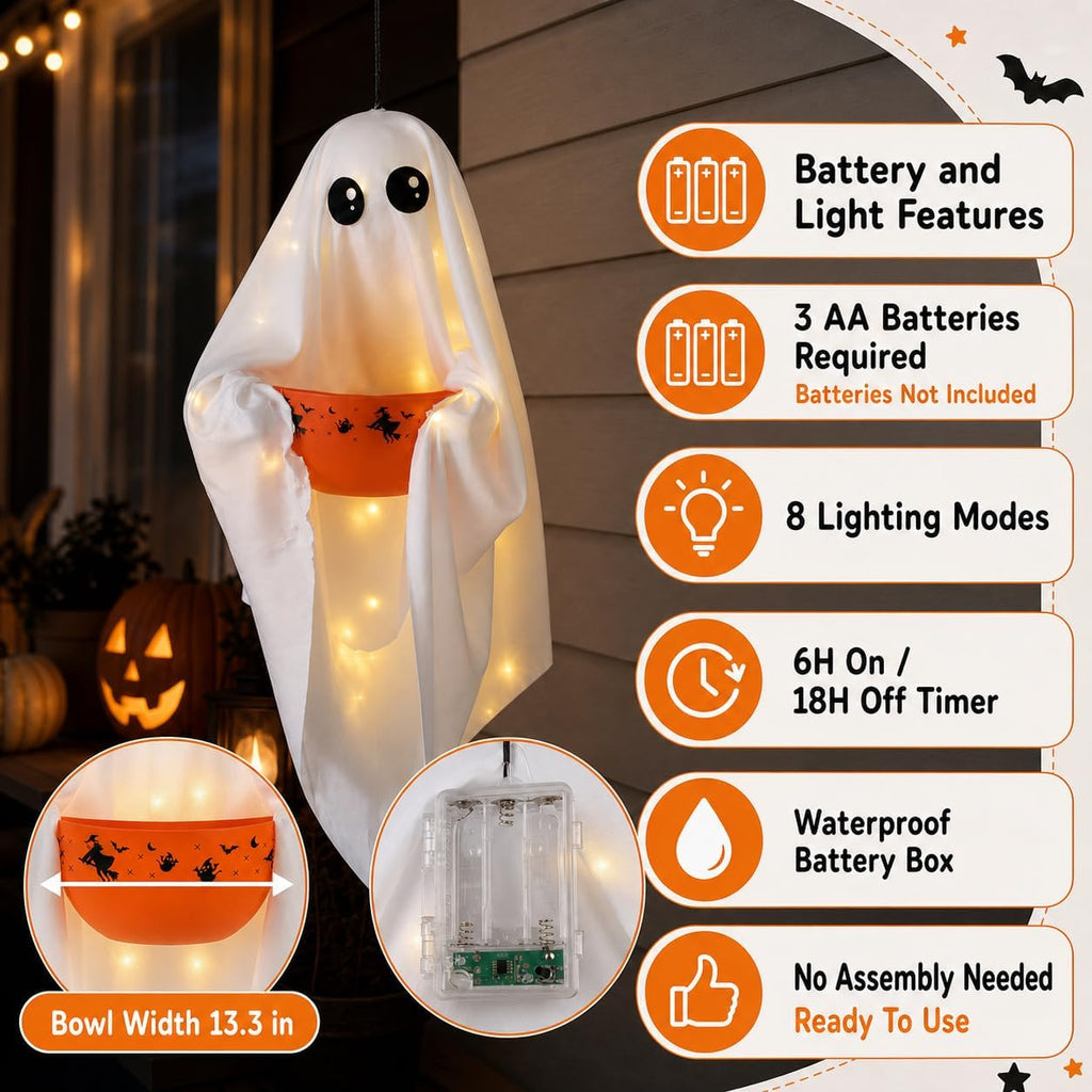 UQJE Hanging Ghost Candy Bowl, Lighted Halloween Treat Holder