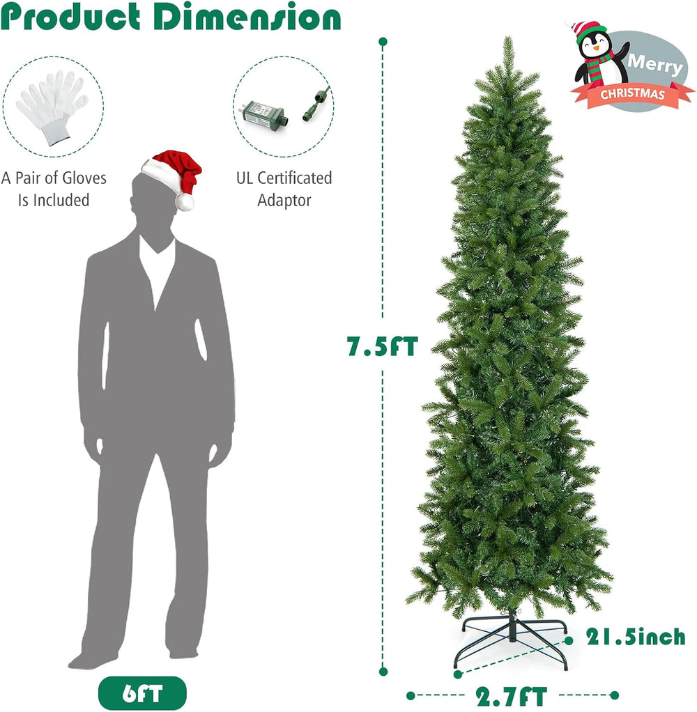 Goplus 7.5ft Pre-Lit Pencil Christmas Tree with 350 Lights, 10 Light-Modes