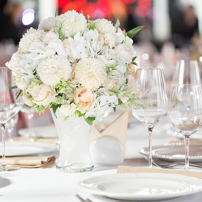 Tigeen Artificial Flowers Artificial Peonies Silk Flowers Faux Peony Fake Peony Silk Hydrangea Bouquet for Wedding Table Centerpiece Floral Vase Decor(Champagne White,12 Bundles)