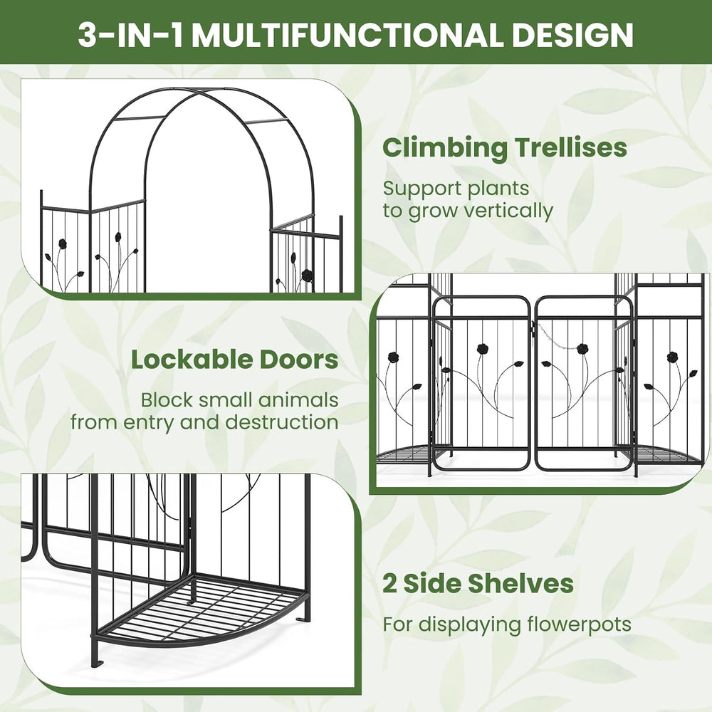 HAPPYGRILL 87" Garden Arbor, Garden Arch with Planter Shelves & Gate