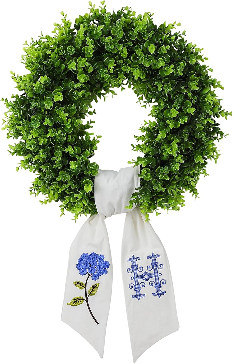 Boxwood Wreath for Front Door Spring Summer Wreaths Farmhouse Hanger,Last Name Initial Year Round Porch Decor,20 inch Multi Occasion use Wreath with Personalized Monogram sash Embroidered - (H)