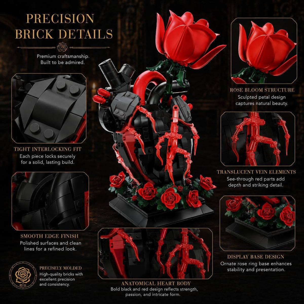 Gothic Heart Rose Building Block Set Anatomical Heart Bricks Model Dark Aesthetic Home Decor for Adults 760PCS