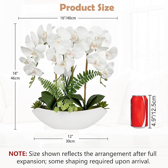 Briful Orchid Artificial Flowers 18in White Fake Orchid Silk Flowers with Ceramic Pot Faux Orchid Arrangement for Home Office Room Coffee Table Centerpiece Modern Decoration