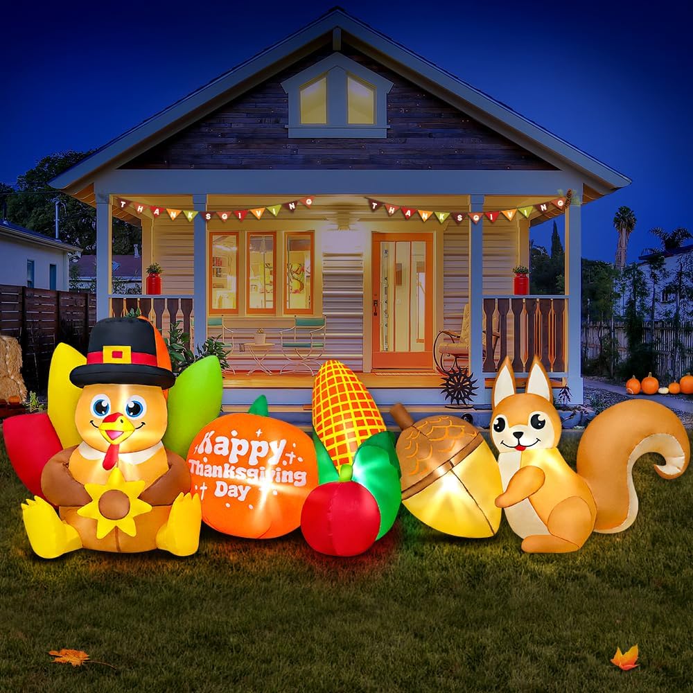 8FT Thanksgiving Inflatables Outdoor Decoration Inflatable Turkey Squirrel Pumpkin, Built in LED Lights Blow Up Yard Decorations for Fall Holiday Party Garden Lawn Décor