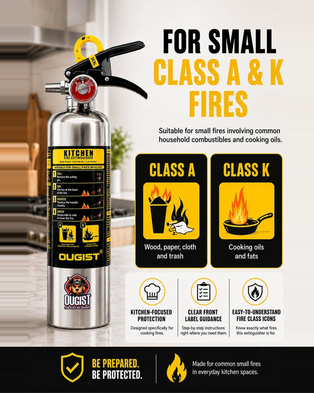 Ougist Class K Fire Extinguisher for Kitchen, 1-A:K, 34 Fl Oz Wet Chemical