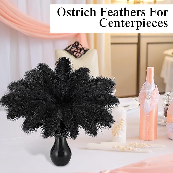 Crowye 60 Pcs Ostrich Feathers Bulk for Centerpieces Craft Ostrich Feathers for Vase Wedding Masquerade Party Home Costume Decorations (10-12 Inch,Black)
