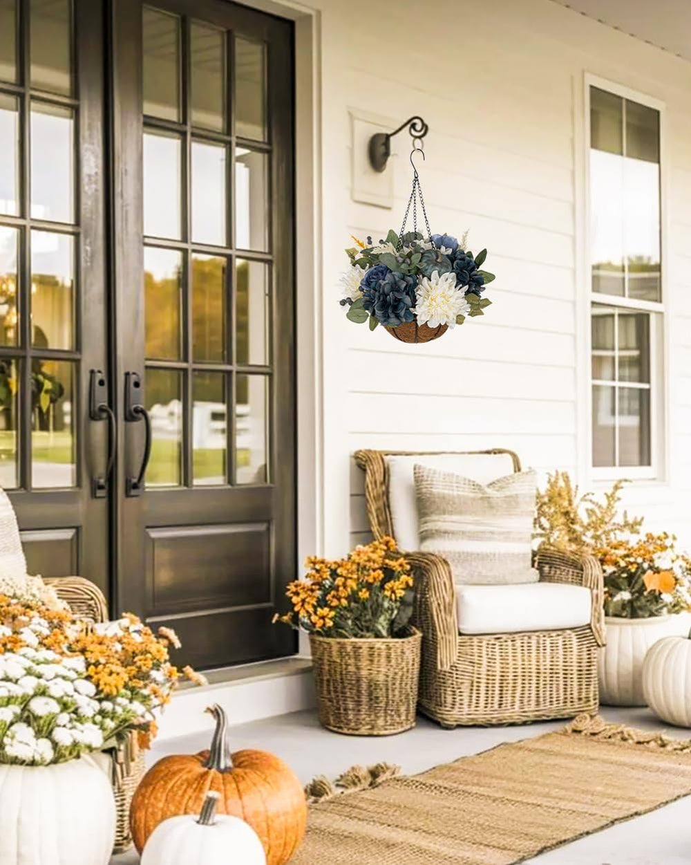 Hollyone 13" Fall Hanging Baskets Medium Pumpkins Hydrangea Dahlia Artif...