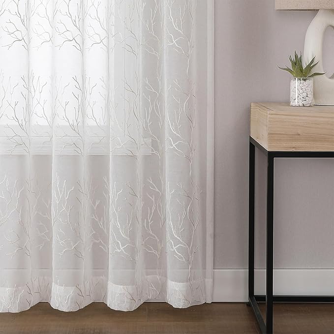 VISIONTEX Sheer Curtains 63 inch Length 2 Panels Set, Decorative Beige Coral Embroidery, Rod Pocket Embroidered Window Drapes for Living Room and Bedroom, 54" x 63"