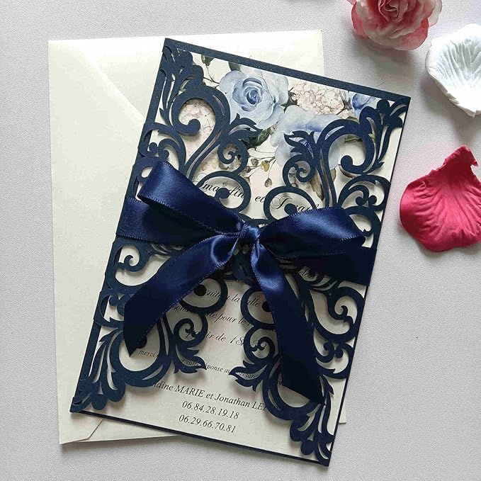 25PCS Pearl Navy Blue Laser Cut Wedding Invitations Cards with Envelopes,Blank Inner Sheets,Ribbons for Wedding Bridal Shower Quinceañera Engagement Birthday Invites