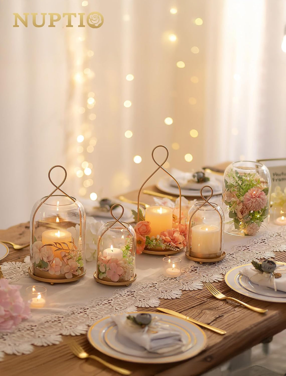 NUPTIO Glass Lanterns Decorative Outdoor, Gold Hurricane Candle Holders