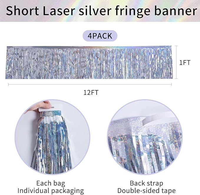 Laser Silver Birthday Decorations Tinsel Garland Parade Float Decorations for Trailer 4Pack 12FT Christmas Party Decor Ceiling Fringe Banner Silver Backdrop for Streamers Party Decorations