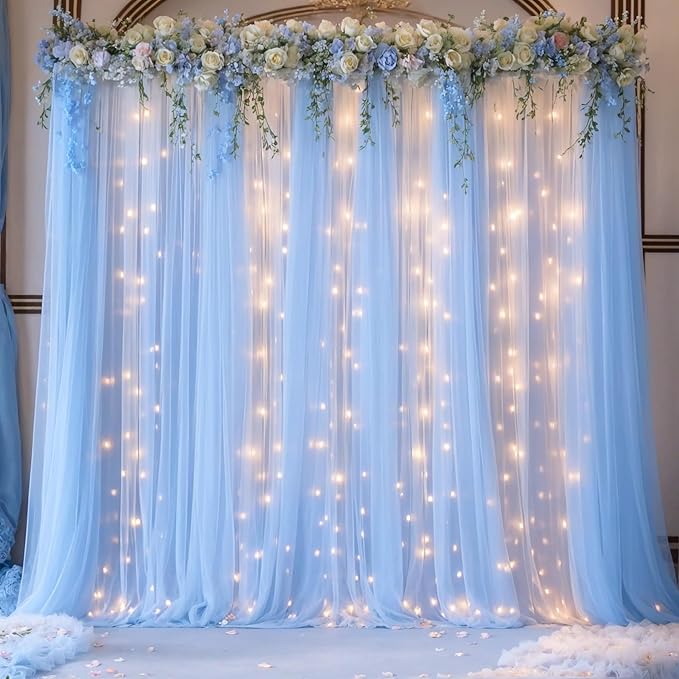 Blue Tulle Backdrop Curtains with Lights String for Parites Baby Shower 30×8ft Blue Sheer Backdrop Curtains Drapes for Bridal Shower Birthday Party Photo Shoot Background Decorations(6 Panels 5×8ft)