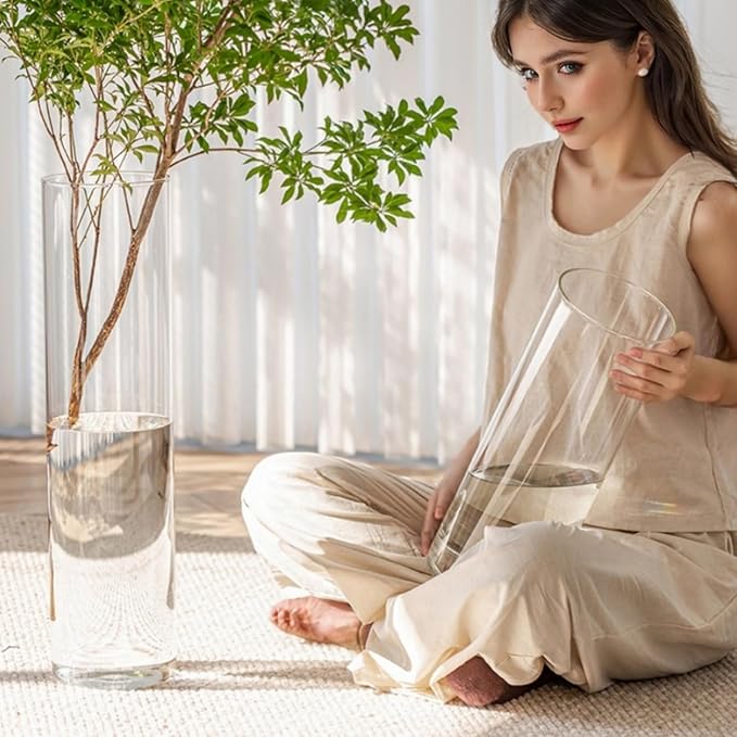3 Large Acrylic Cylinder Clear Vase for Centerpieces, Hurricane Unbreakable Tall Big Wide Mouth Flower Vases for Birthday Wedding Bouquet Decor (D 6" X H 15.8", D 4.8", D 4" + 3 Holder)