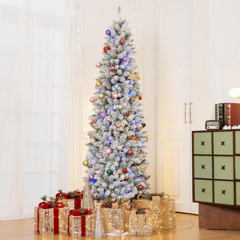 Hykolity 7.5ft Prelit Slim Flocked Christmas Tree with 240 Multicolor LEDs