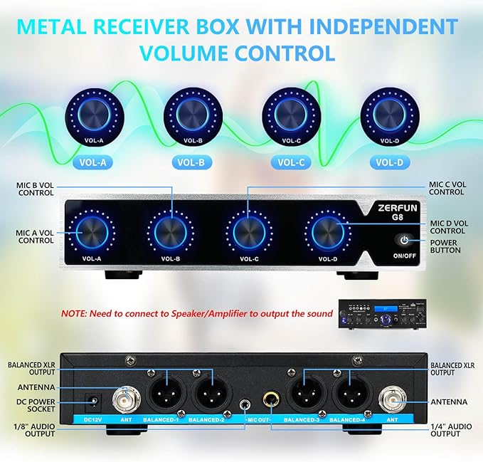 4 Channel Rechargeable Wireless Microphone System, Pro UHF Metal Handheld Wireless Microphones Cordless Mics for Karaoke Singing Church with VOL Control, 4x50 Adjustable Frequency(G8)
