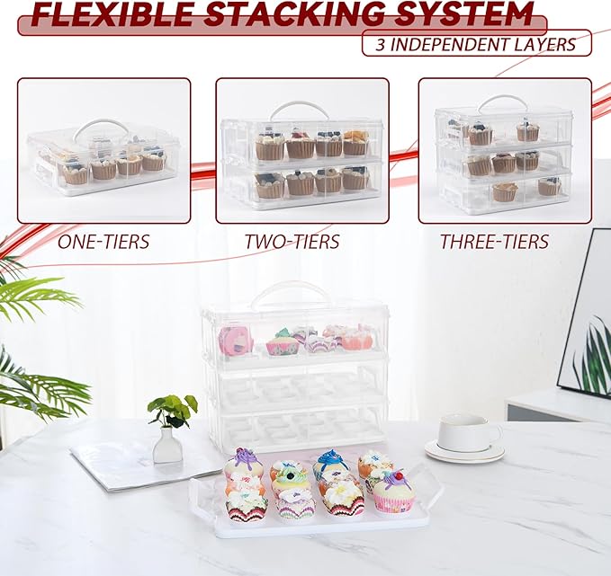 Cupcake Carrier, 3-Tiers Cupcake Containers, Holds 36 Cupcakes or 3 Large Cakes, Cupcake Holder, Cupcake Box with Lid and Handle (White, Basic)