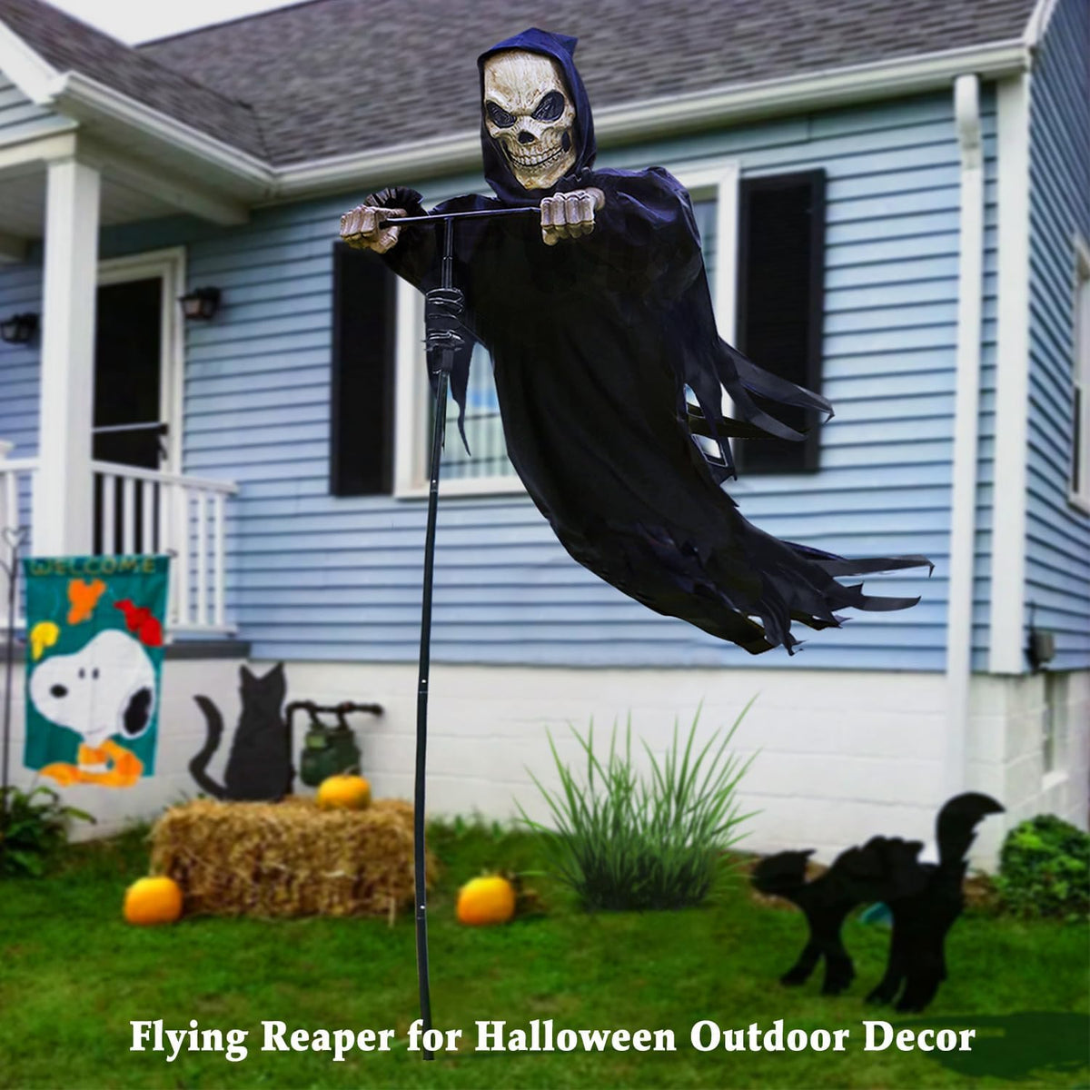 LarpGears Outdoor Halloween Skeleton Decorations, 7.8Ft Flying Rotated Skull Reaper Ghost Scarecrow Decorations for Garden, Porch, Yard