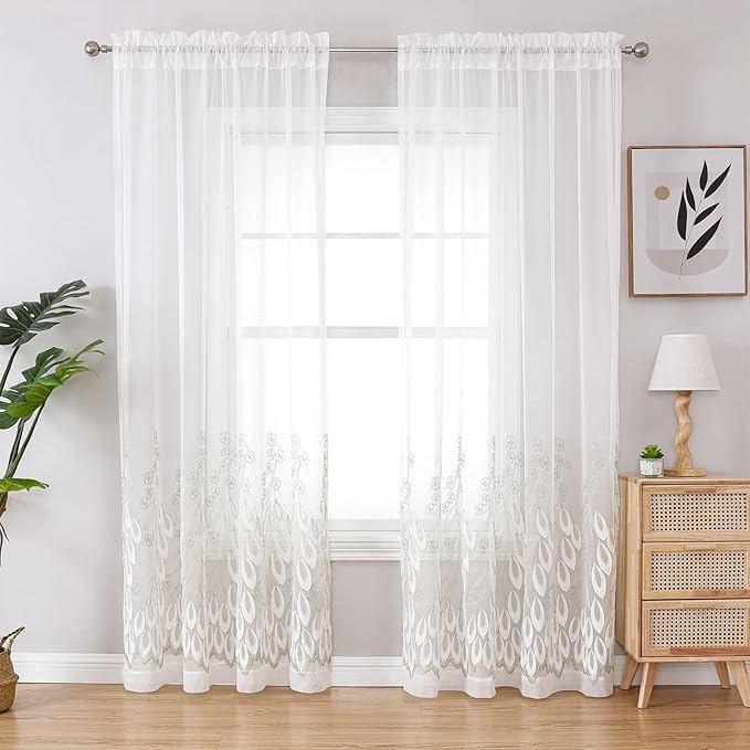 VISIONTEX White Sheer Voile Curtains, Decorative White Embossed Drip Rod Pocket Window Drapes for Home Kitchen, Living Room and Bedroom 54 x 72 Inch, Set of 2 Curtain Panels