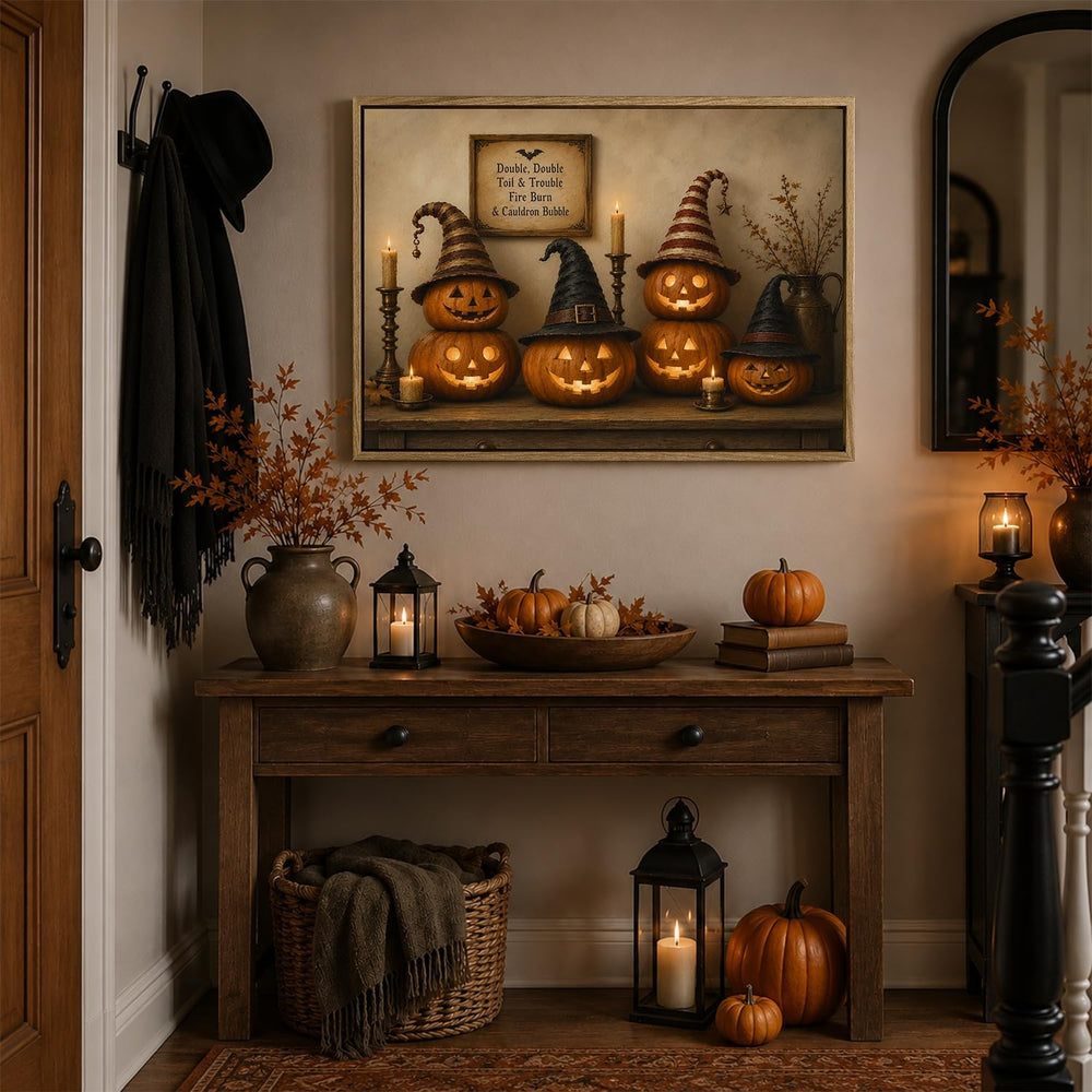 Halloween Framed Canvas Wall Art, Pumpkin and Witch Hats Halloween Pictures
