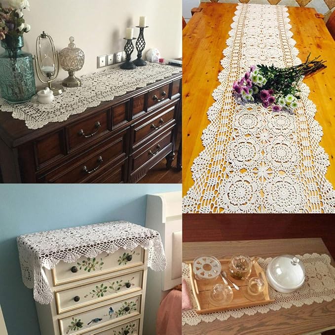 KEPSWET Cotton Handmade Crochet Lace Table Runner White Rectangle Coffee Table Dresser Decor (14x84 inch)