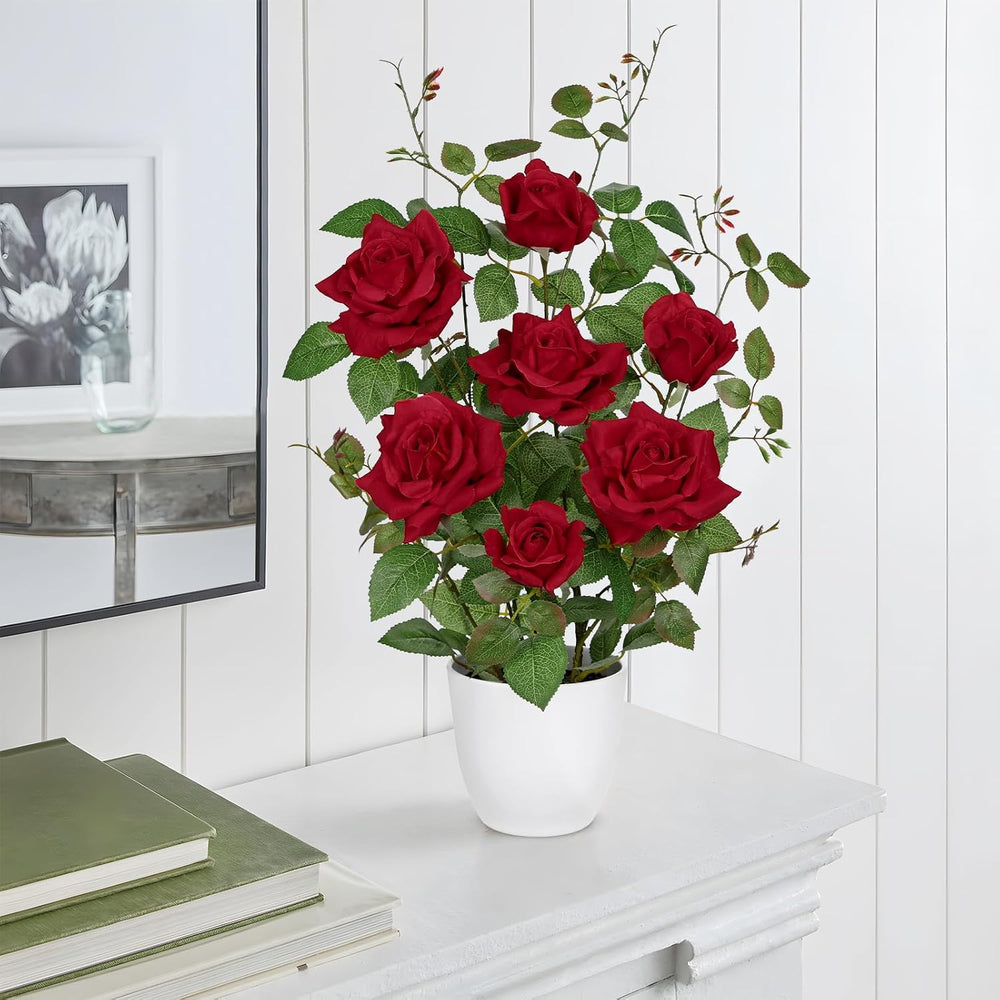Hollyone Red Fake Roses Artificial Flowers in Pot 23.6" Small Roses Tree...