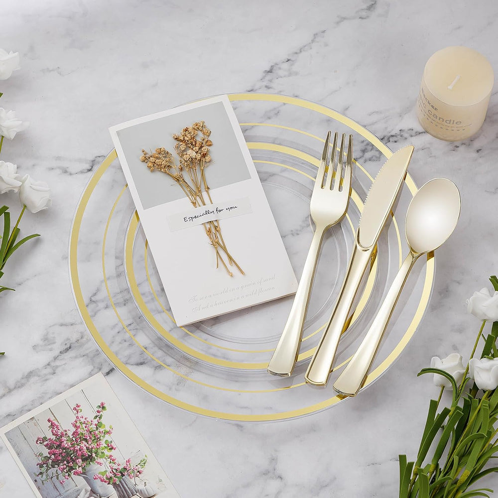 200PCS Clear Gold Plastic Plate, Disposable Party Plates