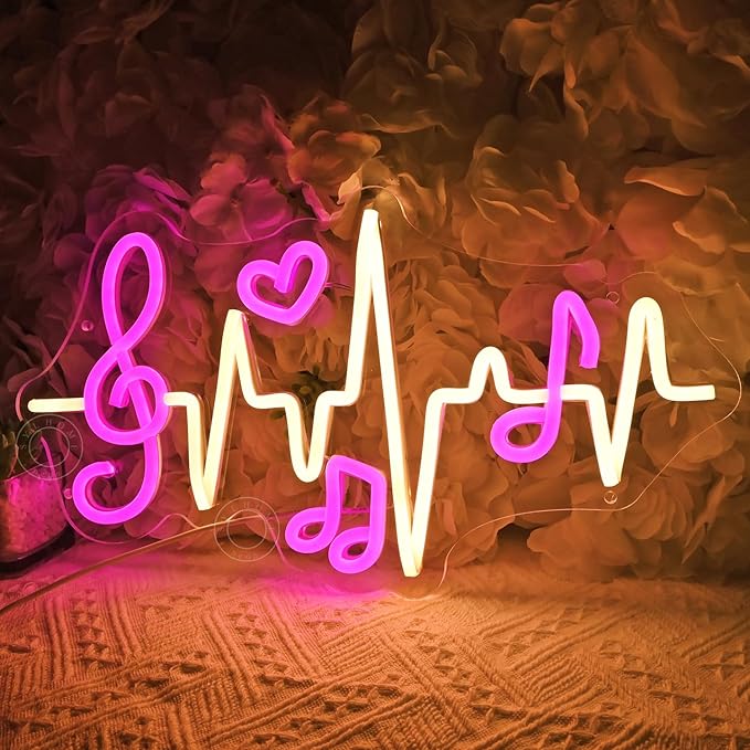SYLHOME Led Neon Light Sign Music Note Wall Decor Sign Heartbeat Music Room Bedroom Studio Bar Theme Birthday Christmas Party 15.75" X 8.54" USB