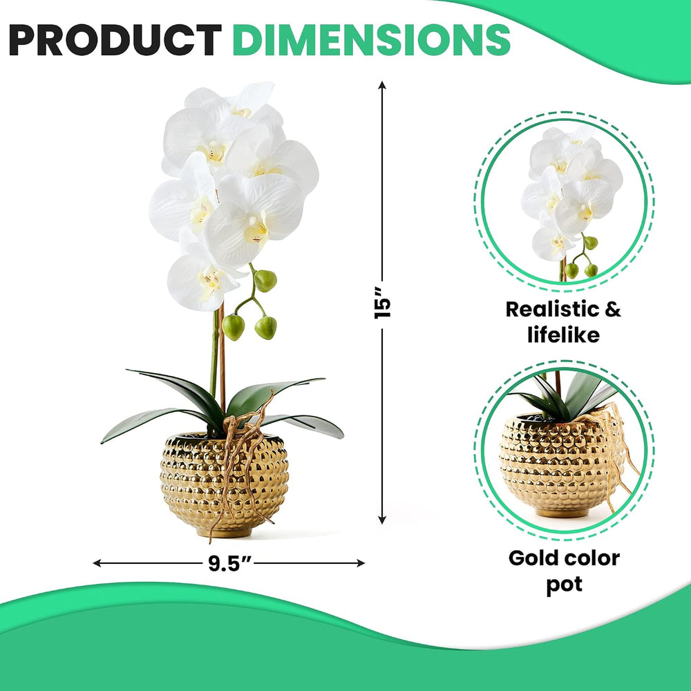 Orchids Artificial Flowers, 15" Faux Orchid in Gold Flower Pot Real Touc...