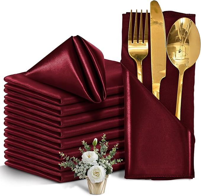 50 Pieces Burgundy Satin Napkins, 17" x 17" Square Table Napkins, Silky Soft Smooth Washable Napkins for Restaurant, Weddings, Dinner, Party Decoration