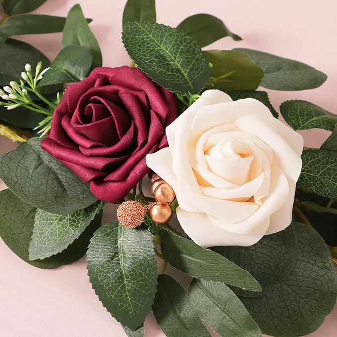 ponatia 6.5FT Handcrafted Artificial Rose Flower Garland, Eucalyptus Greenery Garland for Wedding Ceremony Garlands Backdrop Arch Flowers, Reception Table Decorations (Burgundy & Ivory Cream)