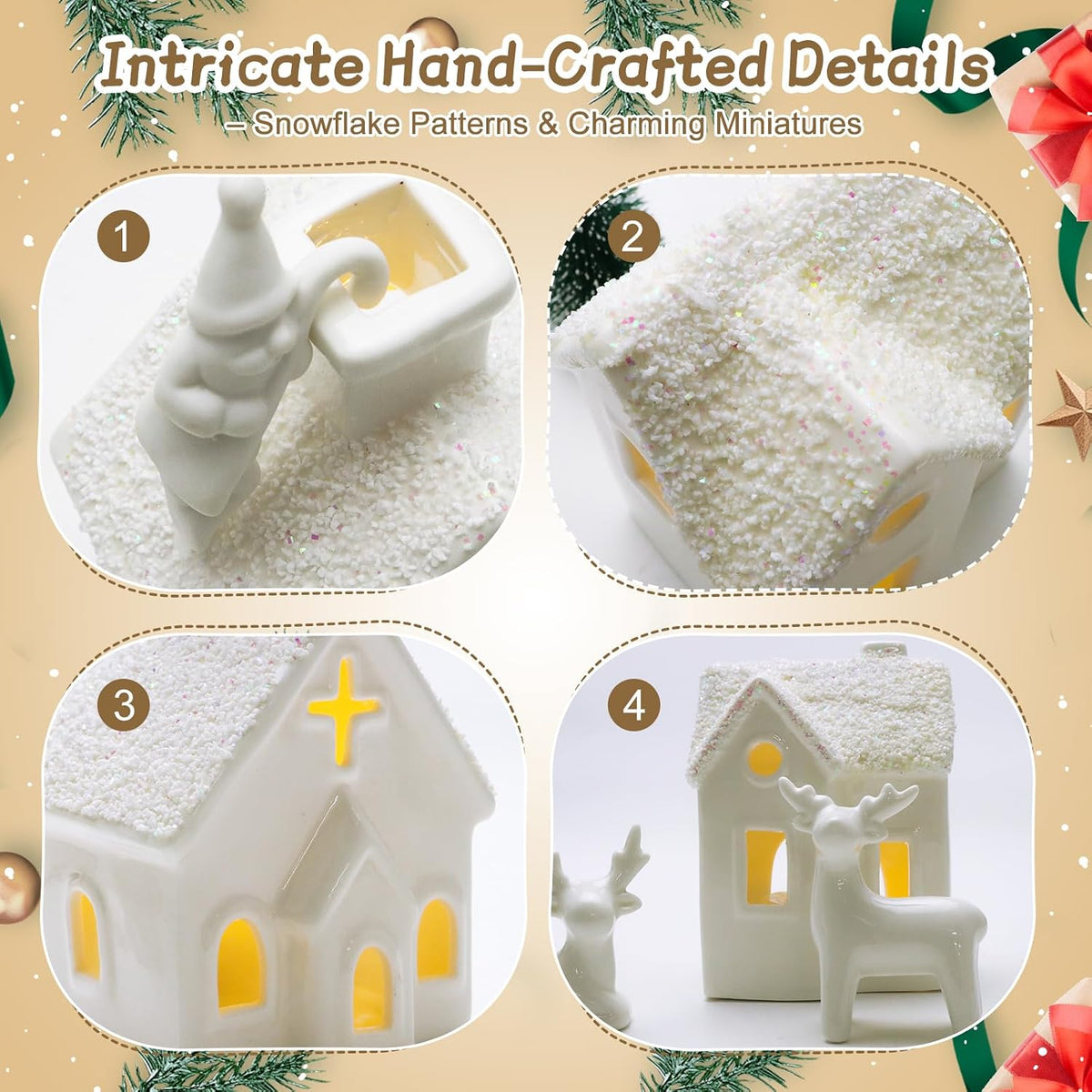 christmas village sets,4 ceramic houses with led lights, side view
