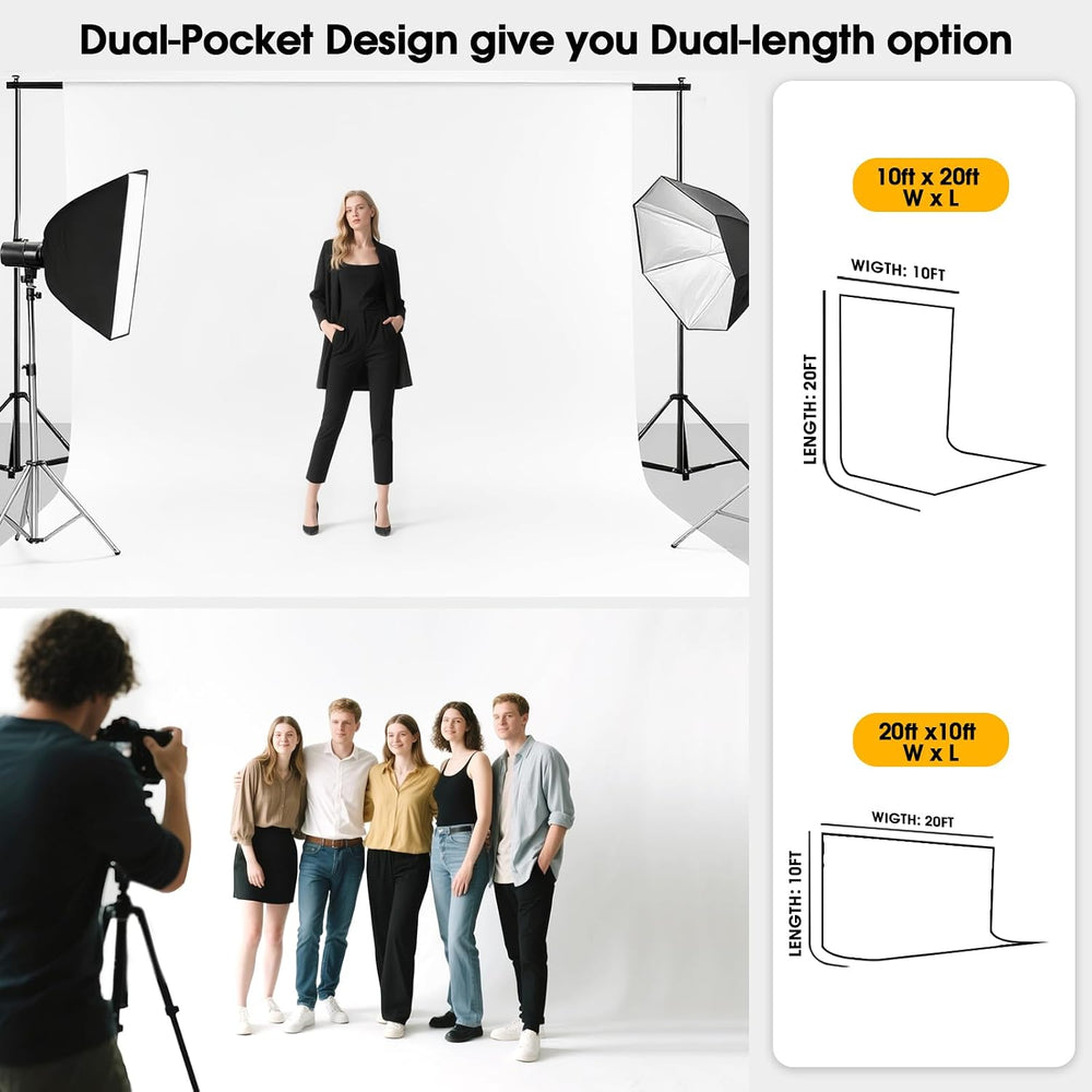 CPLIRIS 10x20ft White Backdrop for Photography, Dual-Size Dual-Pocket Design ...