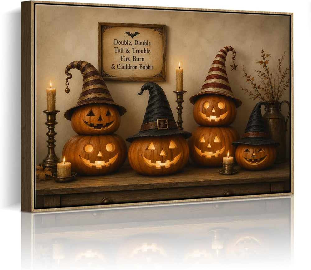 Halloween Framed Canvas Wall Art, Pumpkin and Witch Hats Halloween Pictures