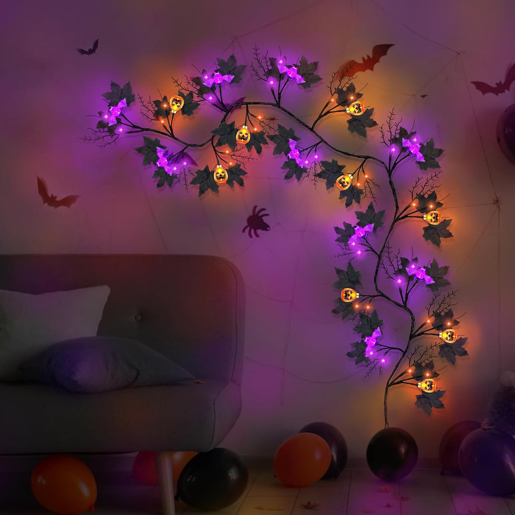 9FT 72 LED Halloween Willow Vine Twig Decor Black Halloween Garland with Pumpkin Bat Orange & Purple Light, 8 Modes Waterproof Battery Operated Halloween Lights Indoor Halloween Decorations Wall Table
